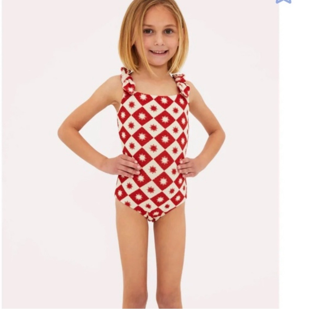 Beach riot Girls' Red and Cream Diamond Print Ruffle Strap Swimsuit